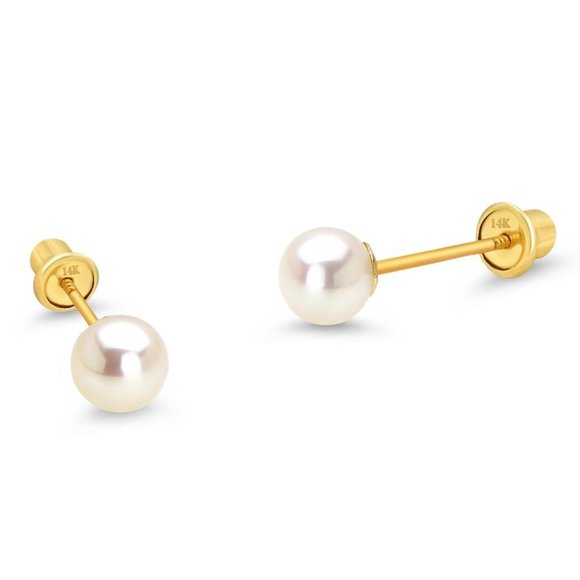 14k yellow Gold 4mm white Pearl Stud Earrings